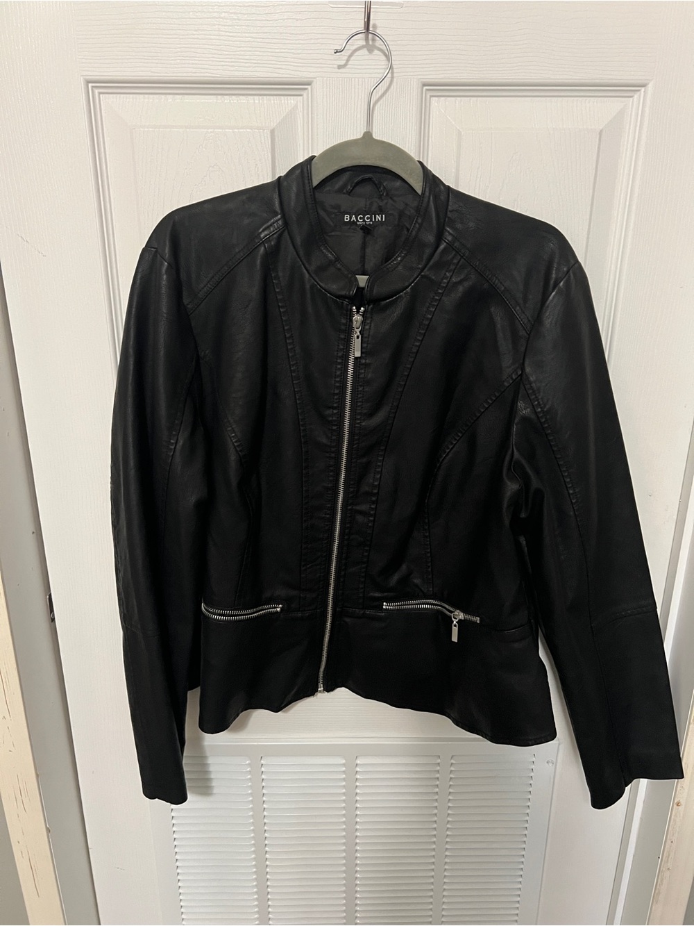 Baccini Black Moto-Style Leather Jacket with Zip Pockets